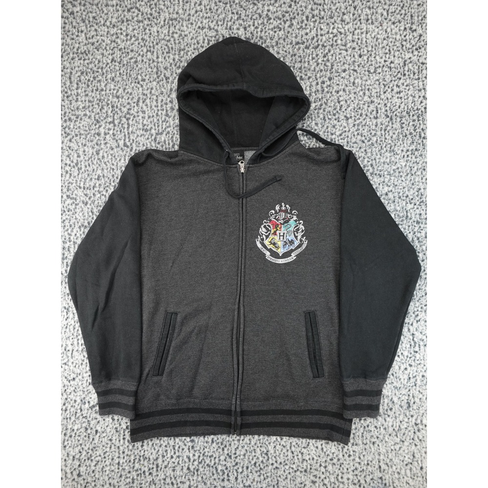 Harry Potter Hogwarts Crest Hoodie Mens Large Gray Black Good Zip Up Sweatshirt